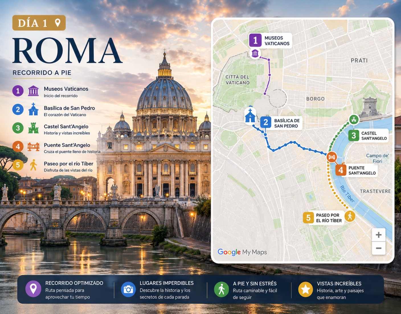 Mapa interactivo de Roma en Google My Maps abierto en un teléfono móvil